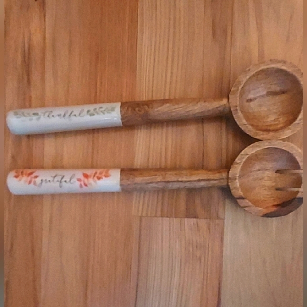 Vintage Wooden Salad Servers Big Fork Spoon Ceramic Handles Grateful Thankful